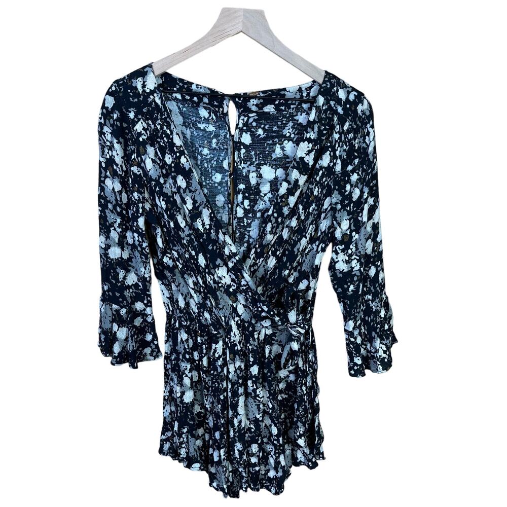 Free People Floral Romper Playsuit Black All the Right Ruffle Bell Sleeve - Picture 2 of 11
